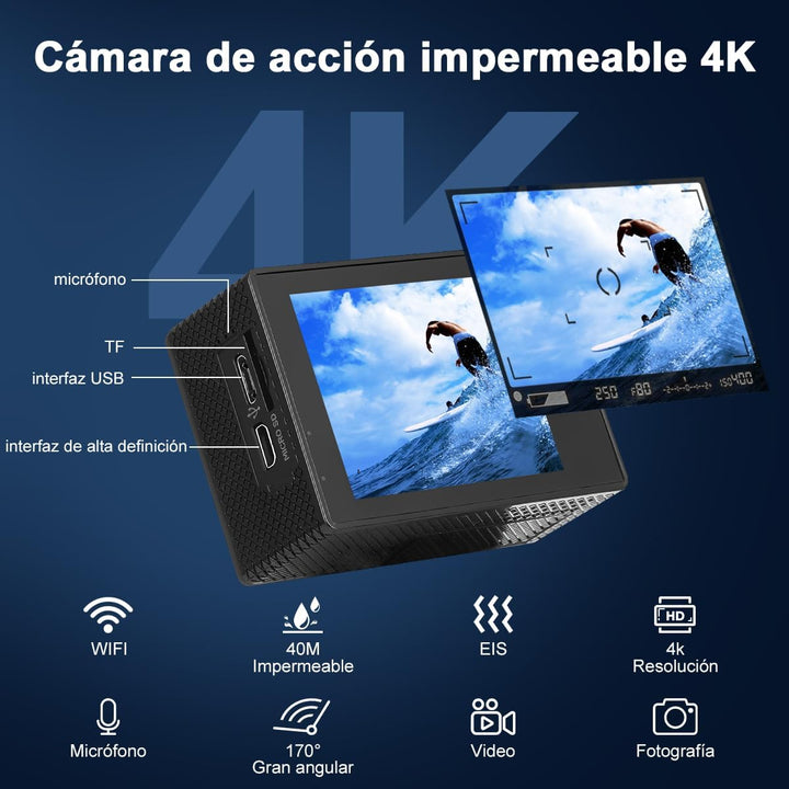 Cámara Deportiva 4K - Incluye 10 accesorios